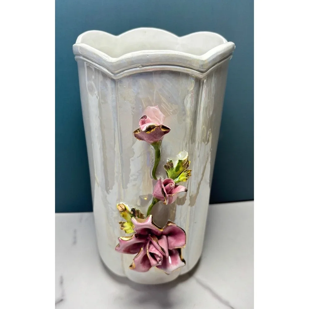 Vintage Capodimonte Italy Iridescent Pearl Vase Pink 3D Roses Gold Trim 10 inch